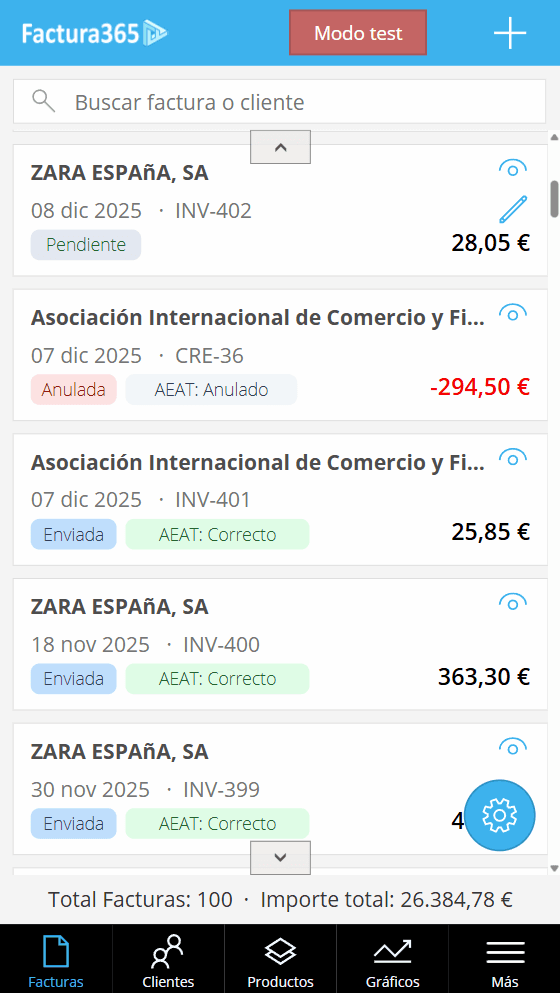 Listado de facturas en Factura365 con estado AEAT