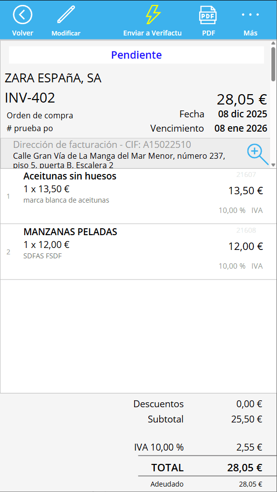 Detalle de factura con botón Enviar a Verifactu